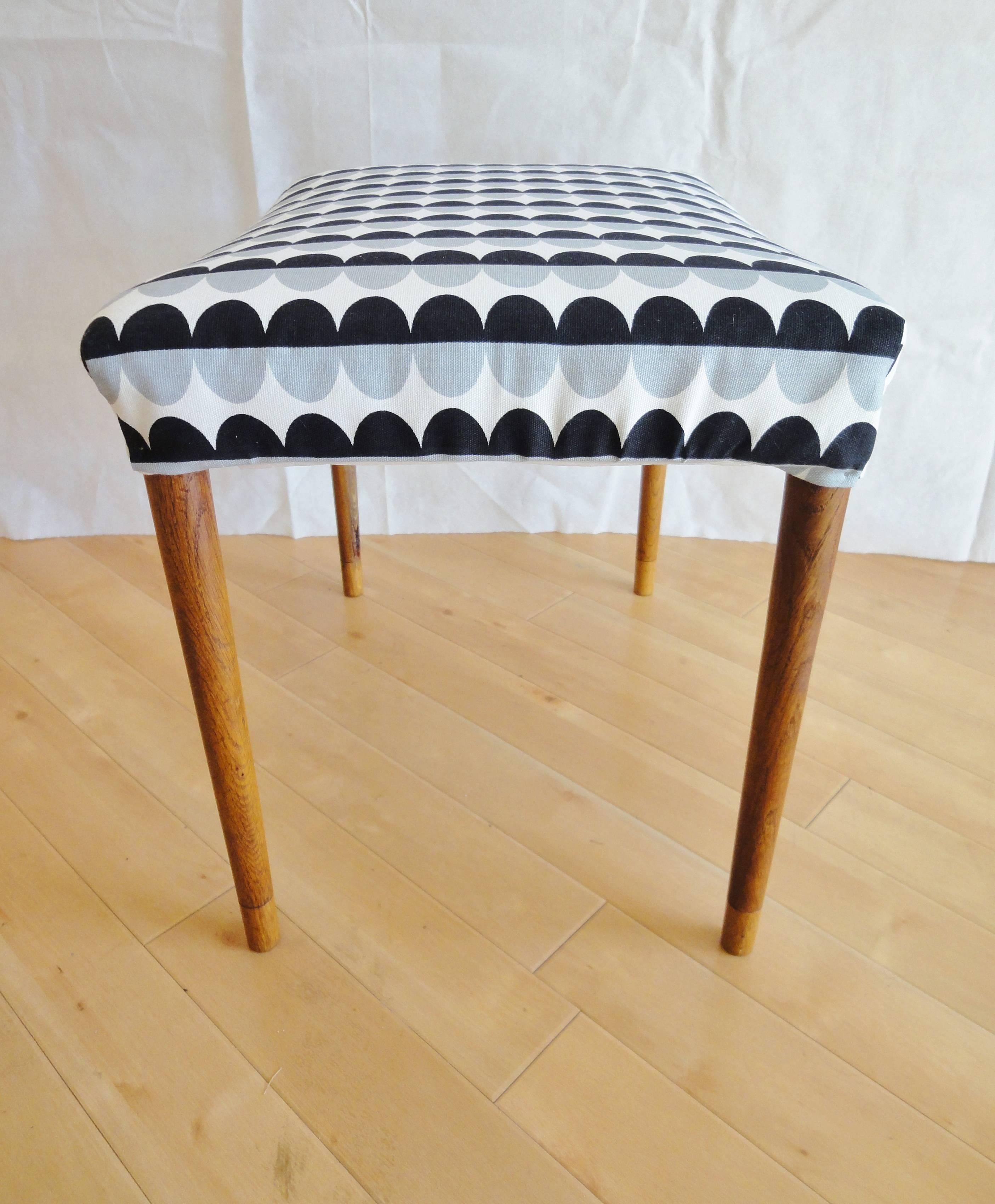 Designer: Finnish Design.

Manufacturer: Venesta.

Country: Finland.

Date: 1960s.

Material: Teak legs and frame with patterned heavy cotton upholstery

Maximum Dimensions: Width 50 cm, depth 35 cm and height 42 cm

Condition: Excellent