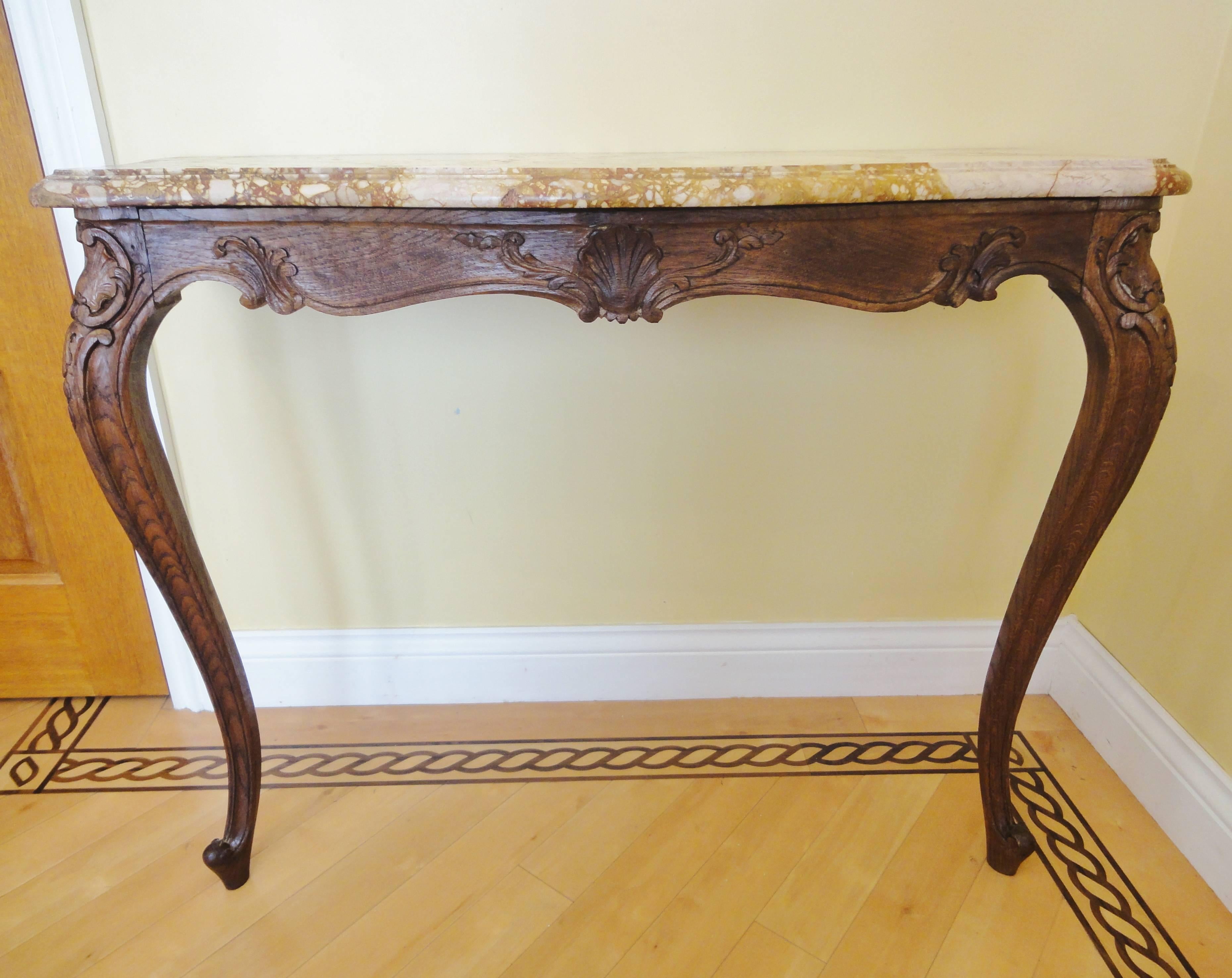 French Provincial Antique French Oak Console Hall Table with Marble Top