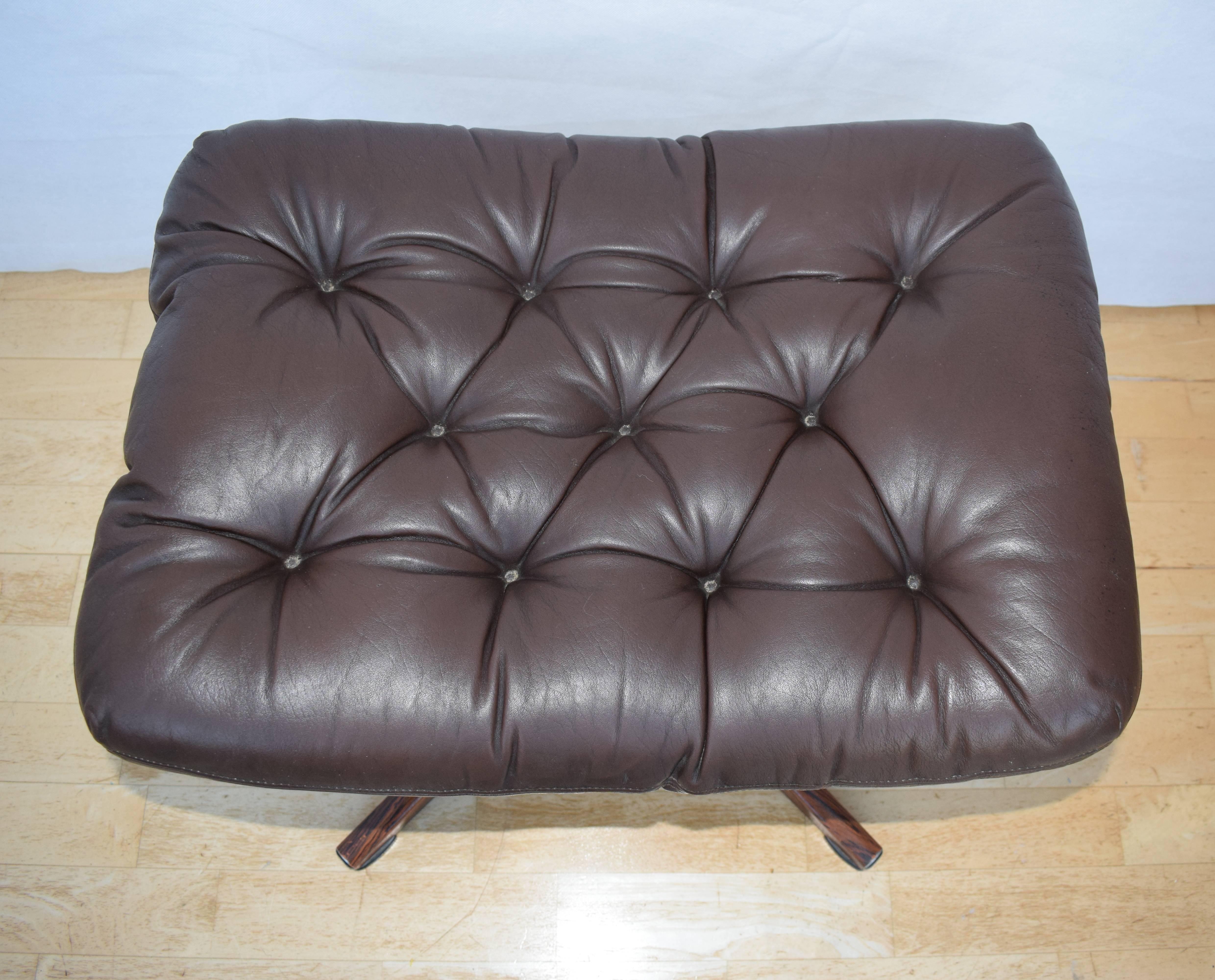 Mid-Century Modern Mid-Century Retro Danish Brown Leather and Rosewood Swivel Foot Stool Ottoman