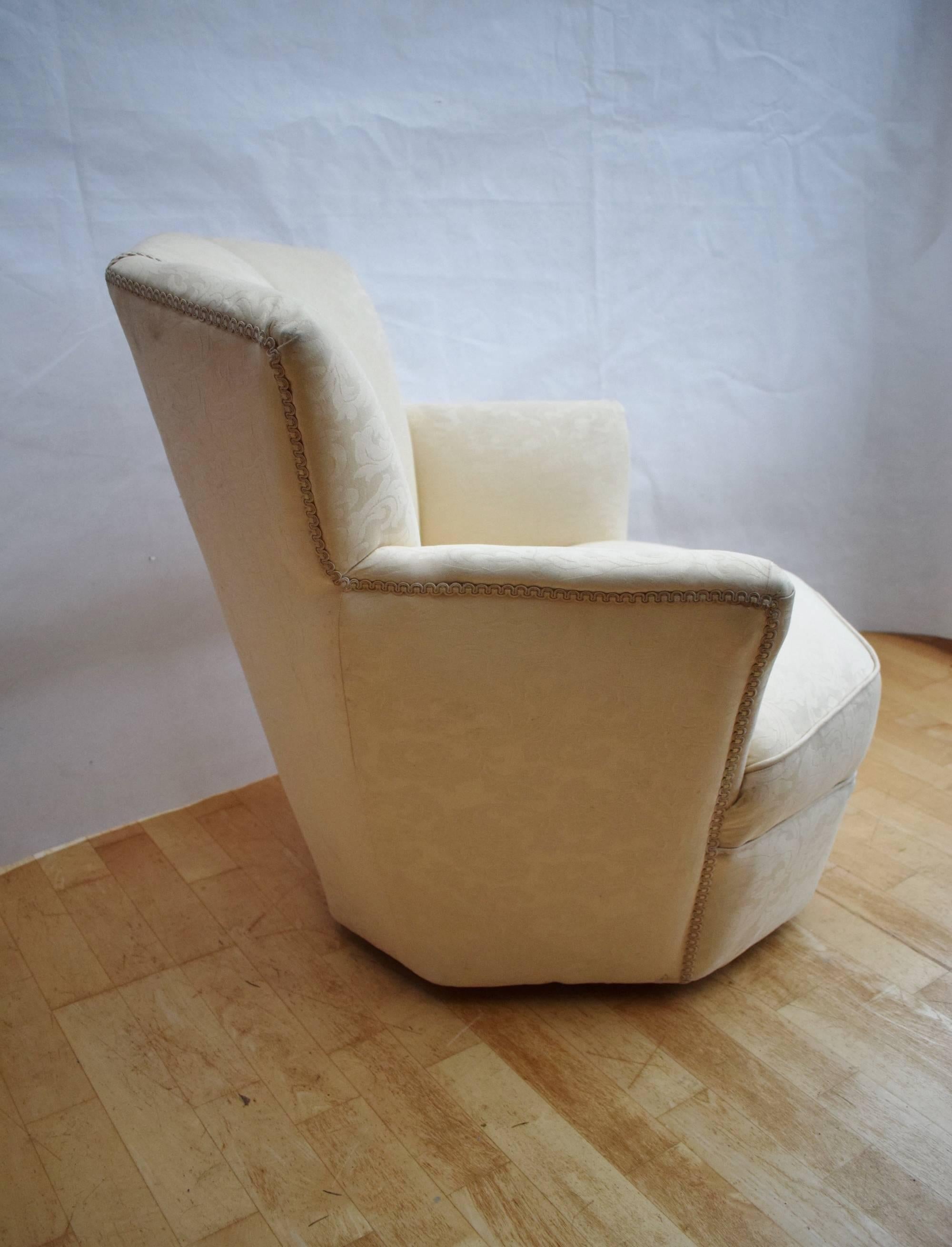 European Art Deco Antique Cocktail Chair Upholstered in Cream Heavy Cotton Damask