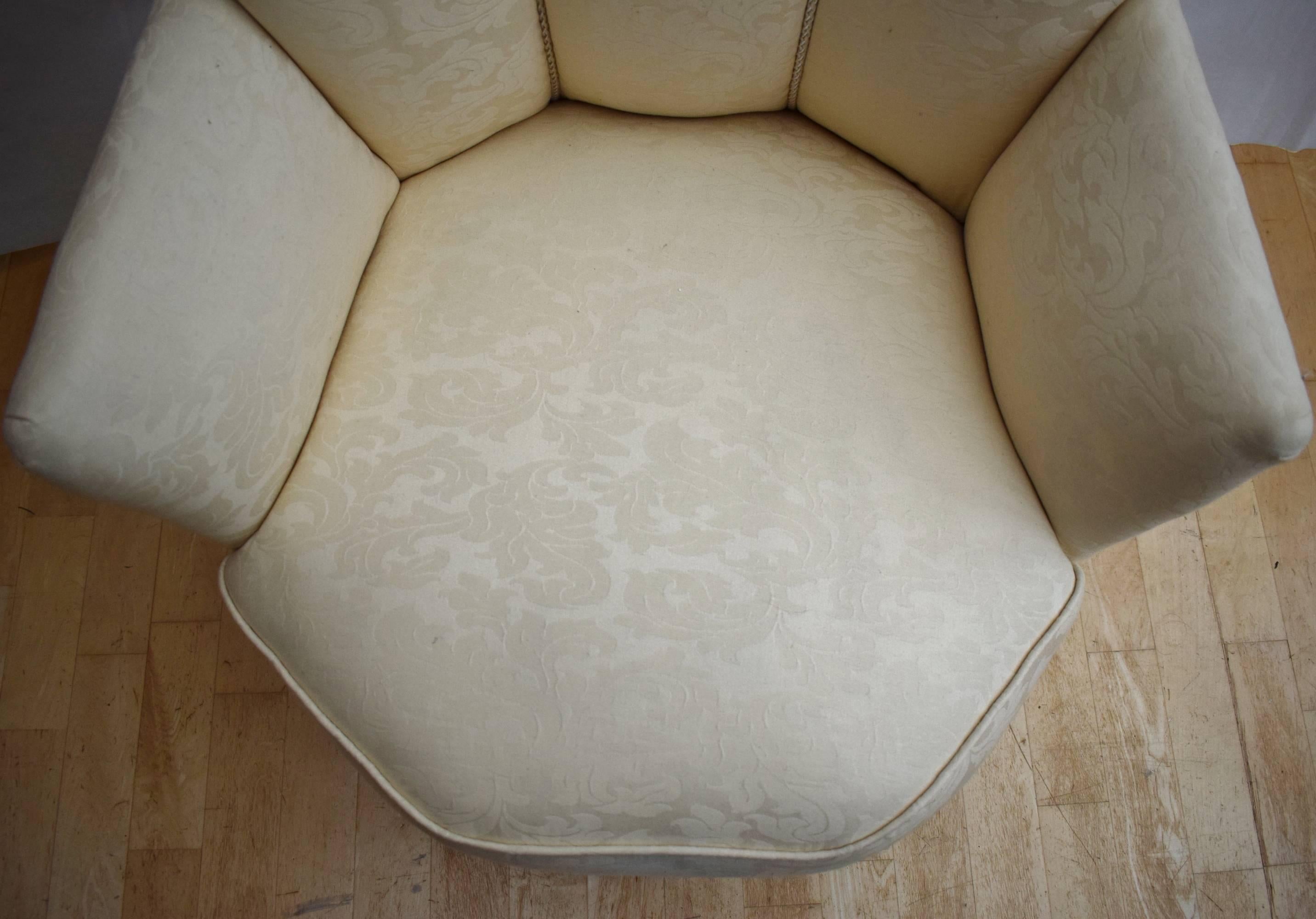 Art Deco Antique Cocktail Chair Upholstered in Cream Heavy Cotton Damask 1