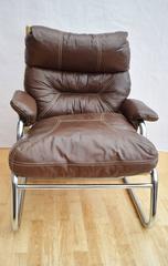 Mid-Century Retro Danish Brown Leather and Canvas Armchair Chrome Frame, 1960s