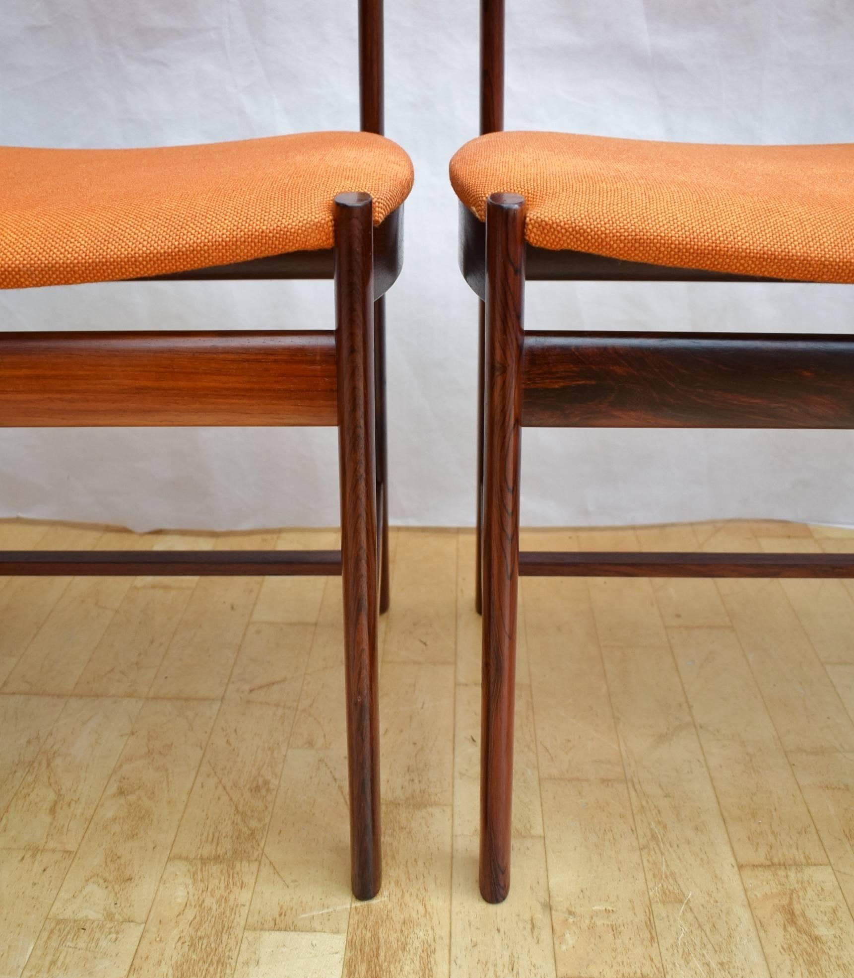 Designer: Unknown

Manufacturer: Dyrlund

Country: Denmark

Date: 1970s

Material: Solid Rio rosewood frame with original cotton upholstery

Maximum dimensions (per chair): Width 51cm, depth 48cm, height 78cm and seat height
