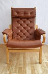 Vintage Danish Tan Leather Buttoned Bentwood and Canvas Armchair, 1960s
