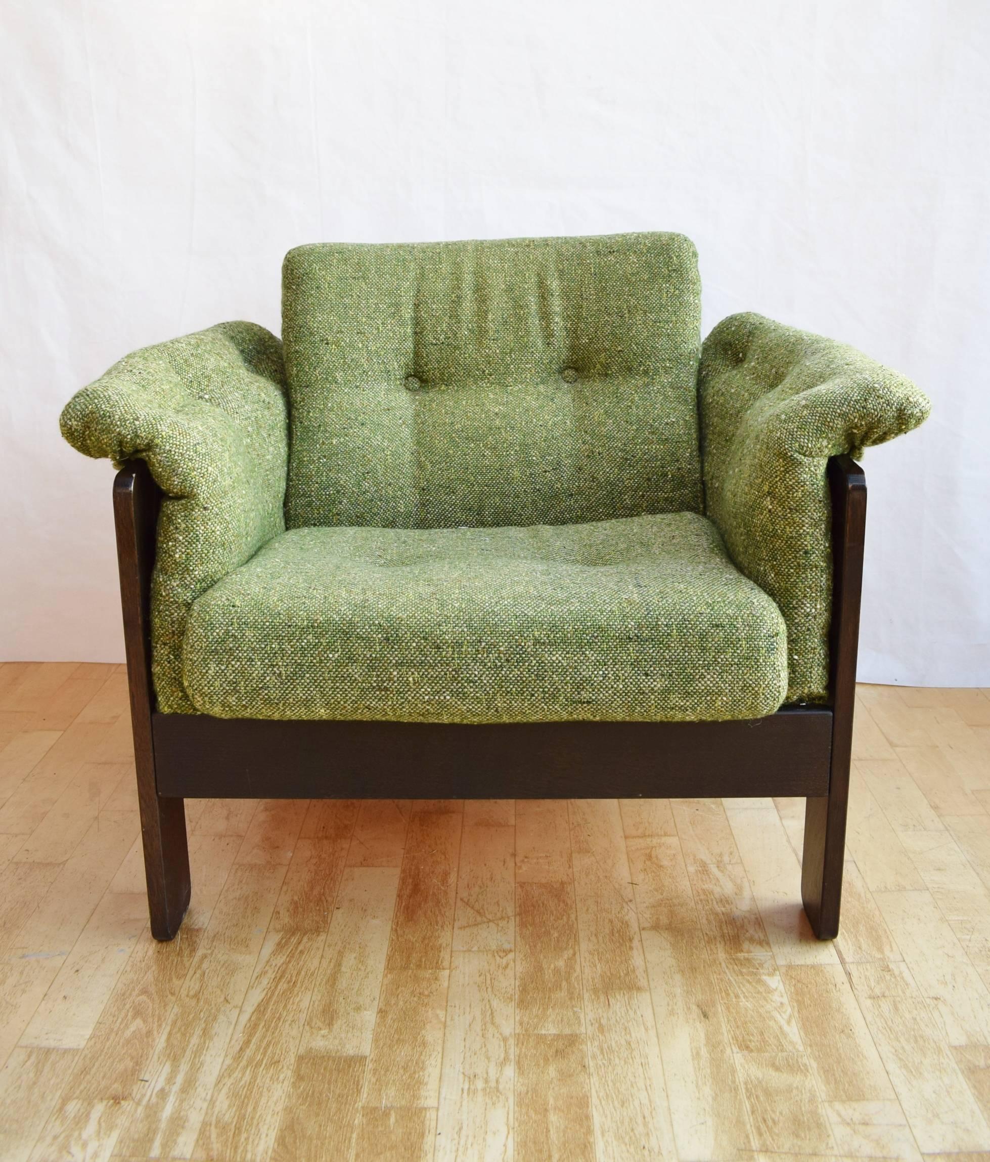 Designer: Danish Design

Manufacturer: Unknown

Country: Denmark

Date: 1970s

Material: Stained Beech frame with Green Wool upholstery

Maximum Dimensions: Width 94cm, depth 85cm, height 70cm and seat height 41cm

Condition: Overall
