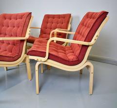 Four Mid-Century Retro Danish Red Alcantara Lounge Desk Dining Armchair