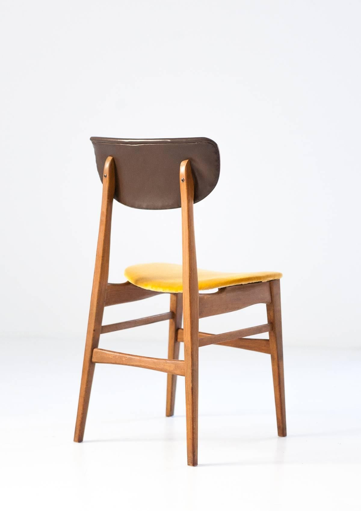 Mid-20th Century 4 Italian Mid-Century Modern Light Wood Yellow Velvet Dining Chairs 1950s