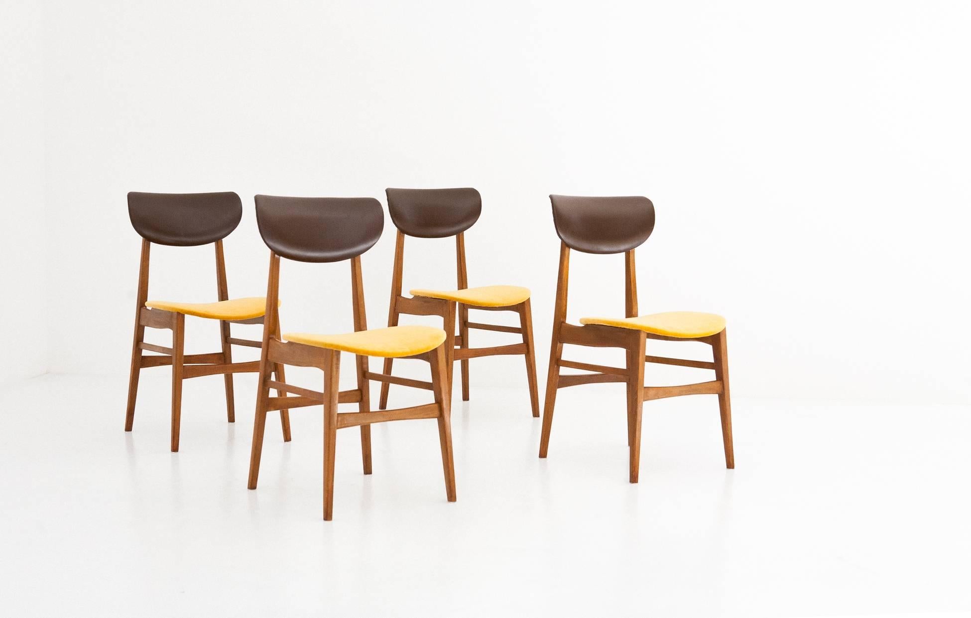 Danish 4 Italian Mid-Century Modern Light Wood Yellow Velvet Dining Chairs 1950s