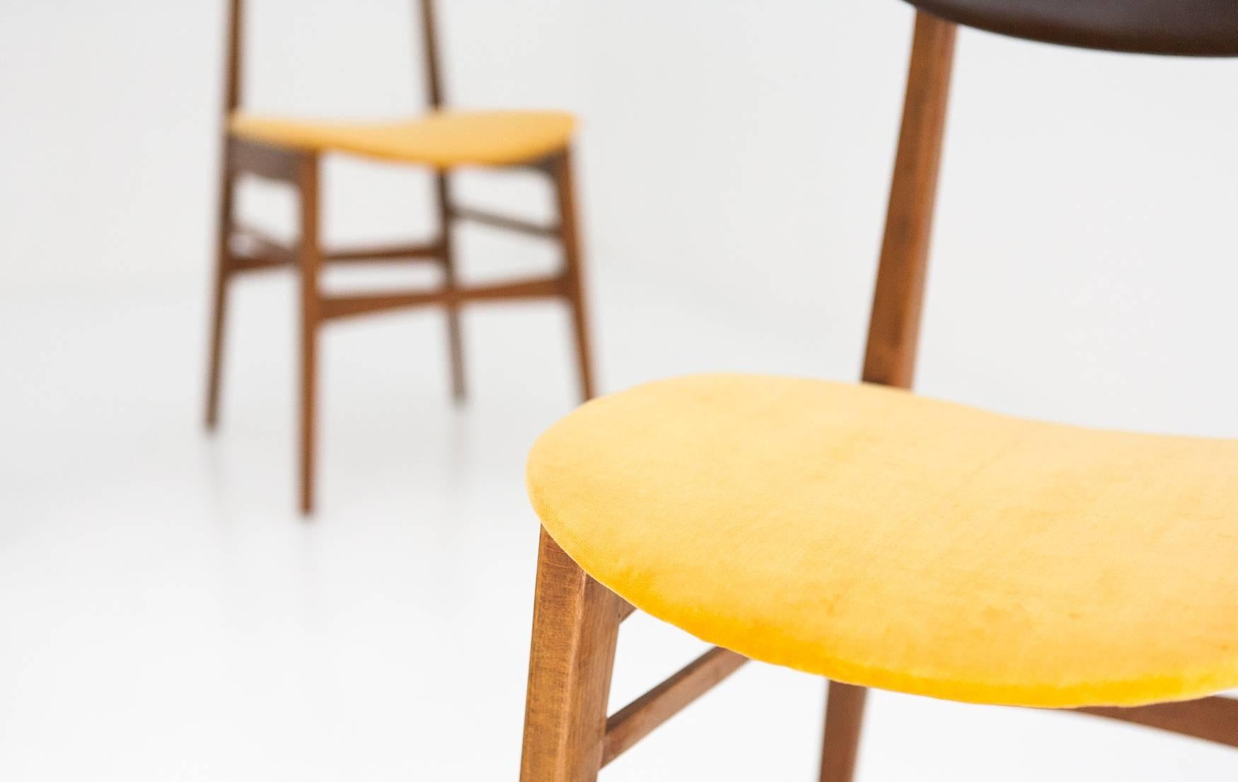 4 Italian Mid-Century Modern Light Wood Yellow Velvet Dining Chairs 1950s In Good Condition In Rome, IT