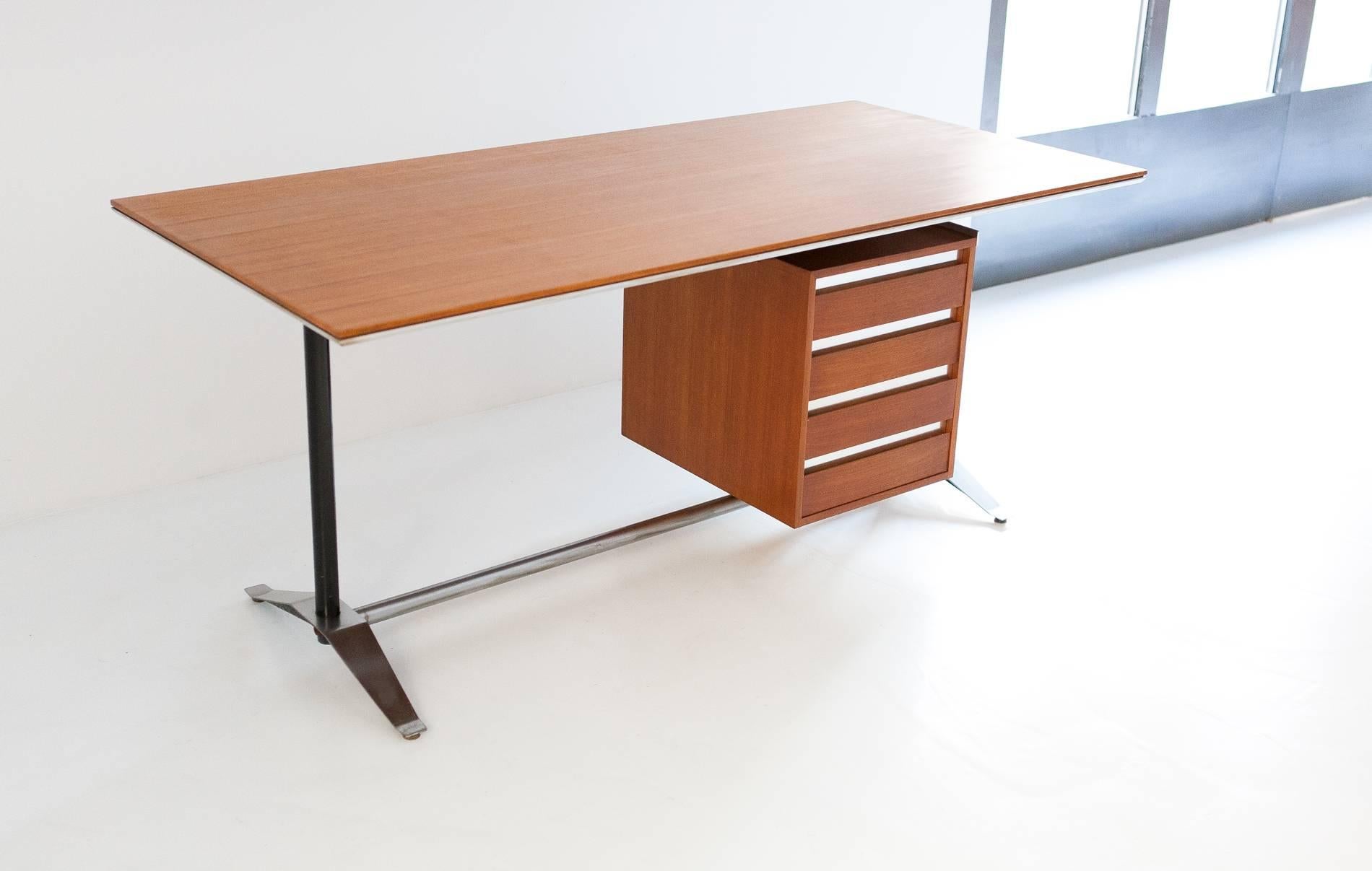 Iron Italian Mid-Century Modern Fruitwood  Desk  by Alberto Rosselli for Arflex