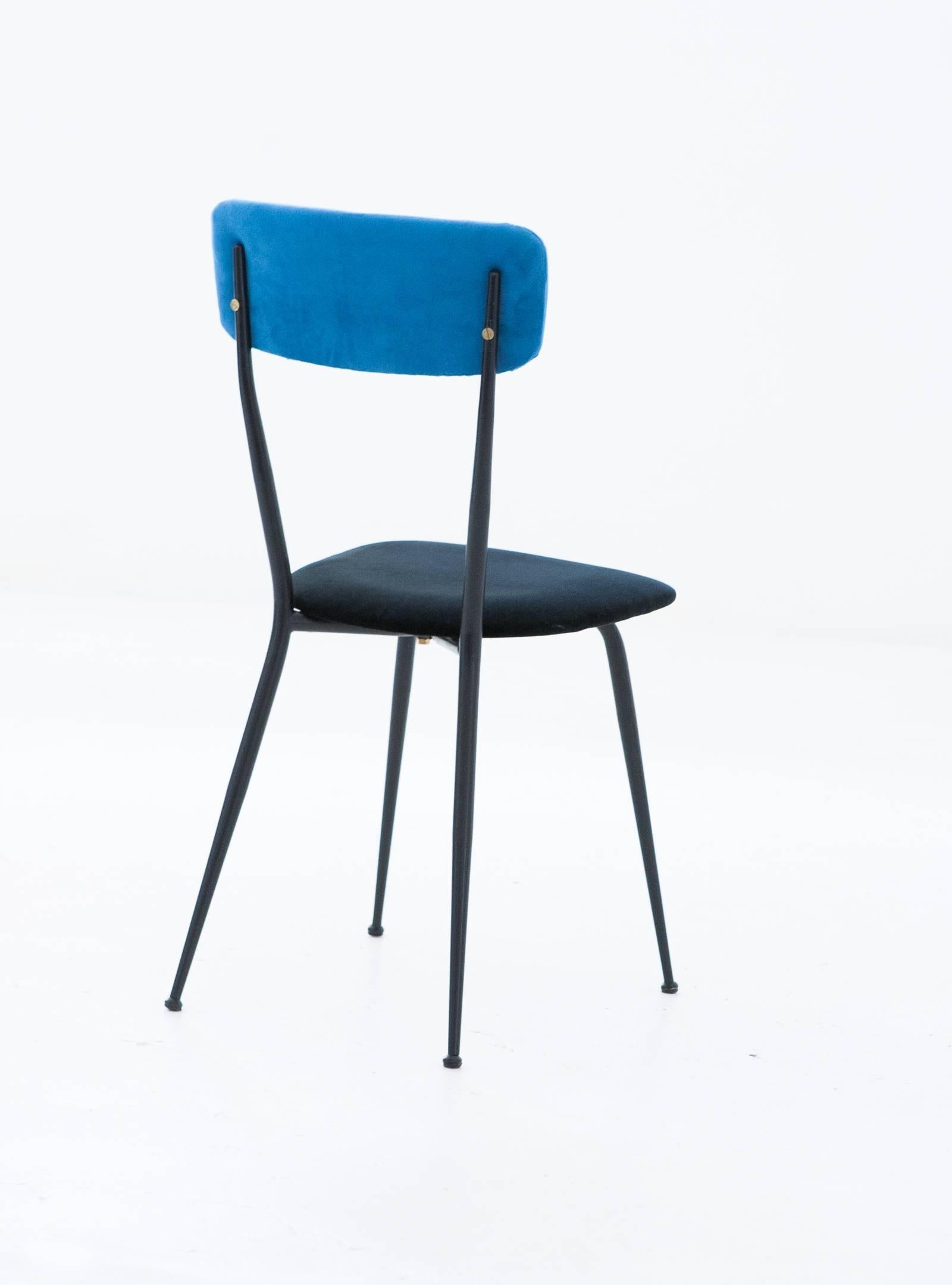 Italian Mid-Century Modern Black Blue Velvet Iron Frame  2