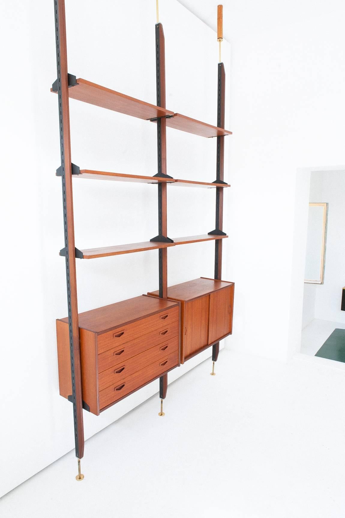 Italian Teak and Brass Floor to Ceiling Wall Unit, 1950s 2