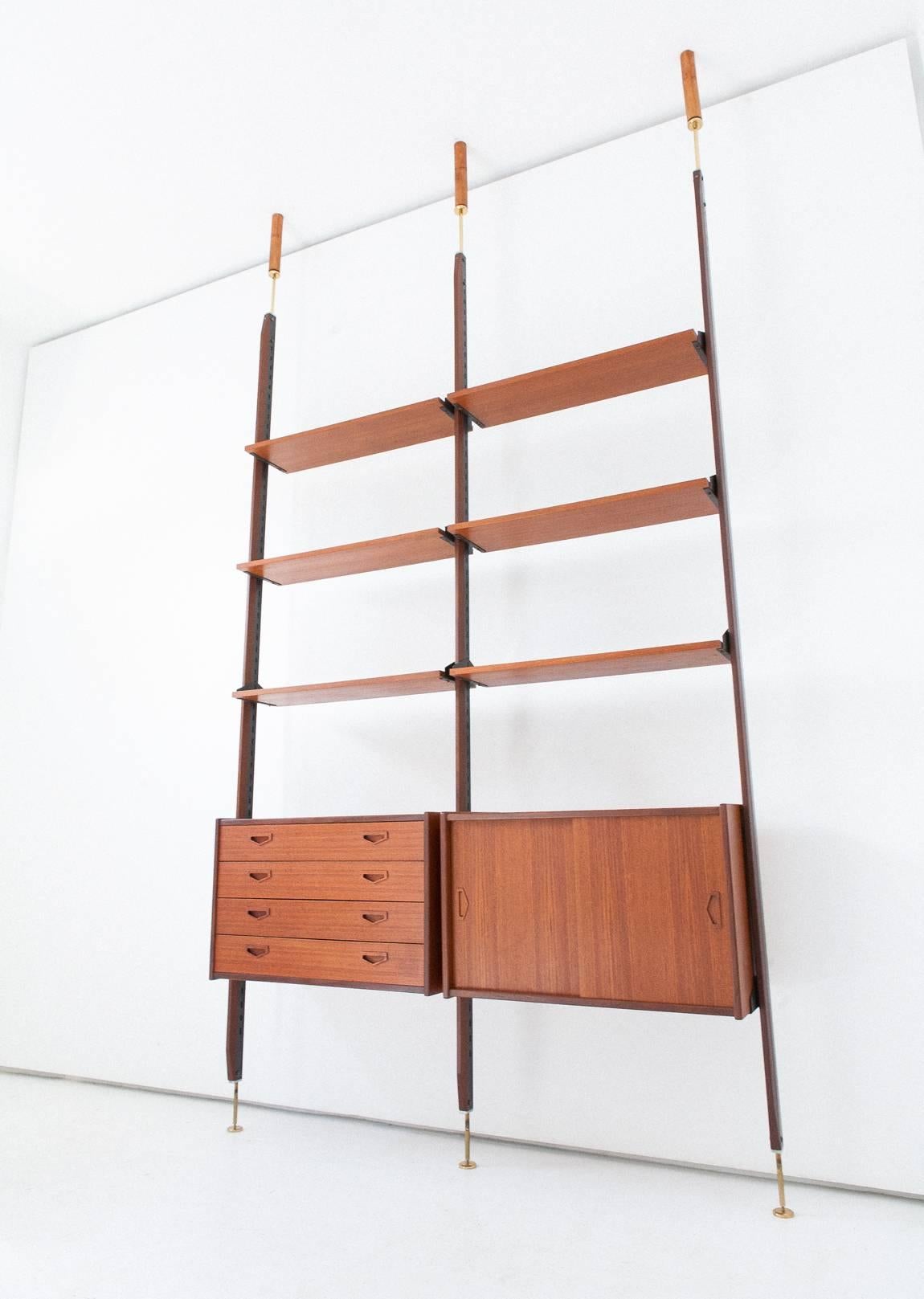Italian Teak and Brass Floor to Ceiling Wall Unit, 1950s 1