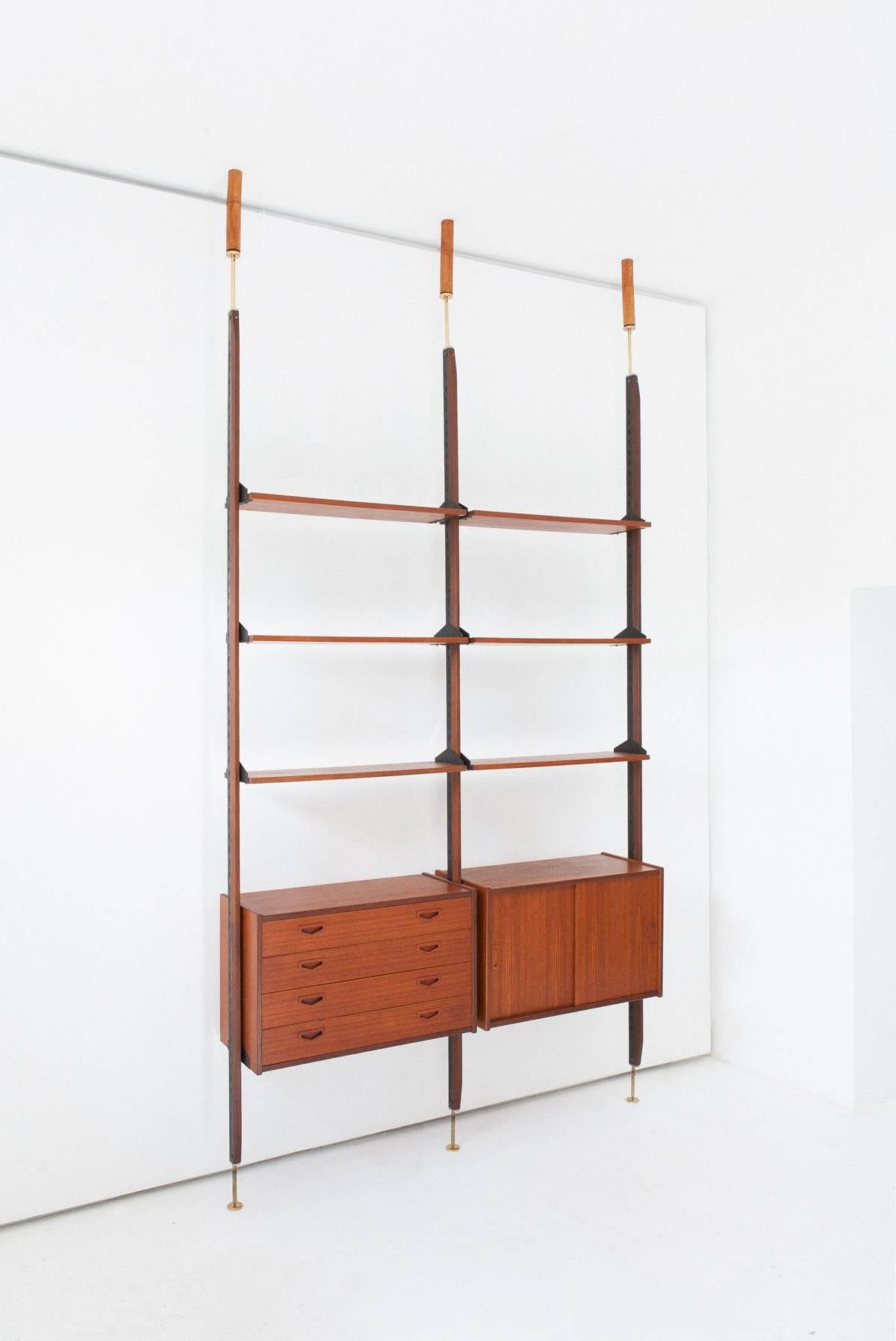 Mid-Century Modern Italian Teak and Brass Floor to Ceiling Wall Unit, 1950s