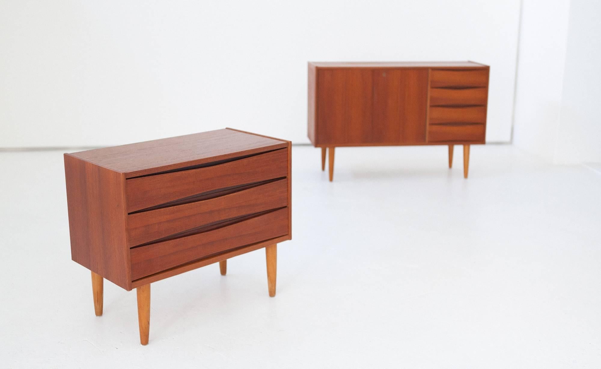 European Set of Two Danish Teak Sideboard and Chest of Drawers, 1950s