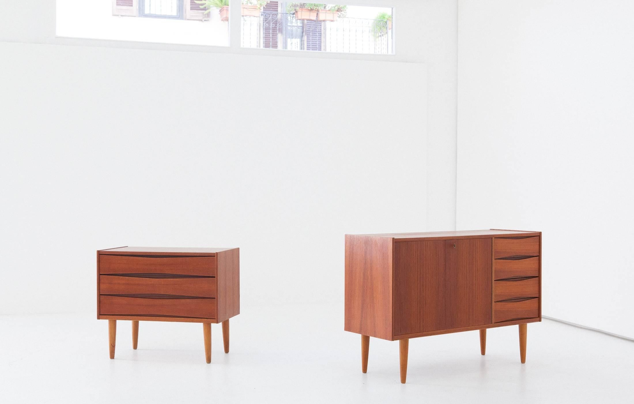 Set of two Danish teak sideboards with drawers
1950s

Completely restored.