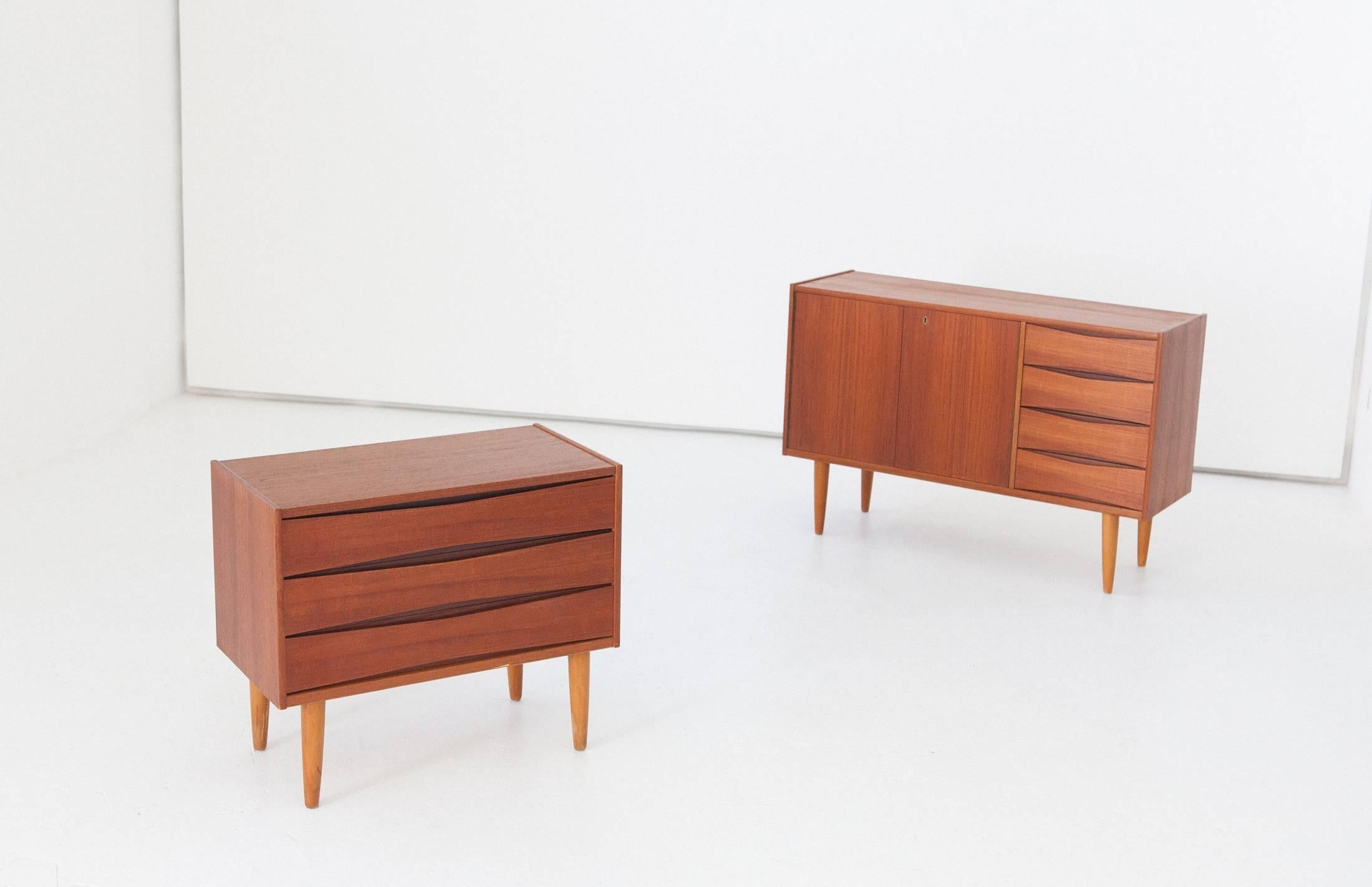 Mid-Century Modern Set of Two Danish Teak Sideboard and Chest of Drawers, 1950s