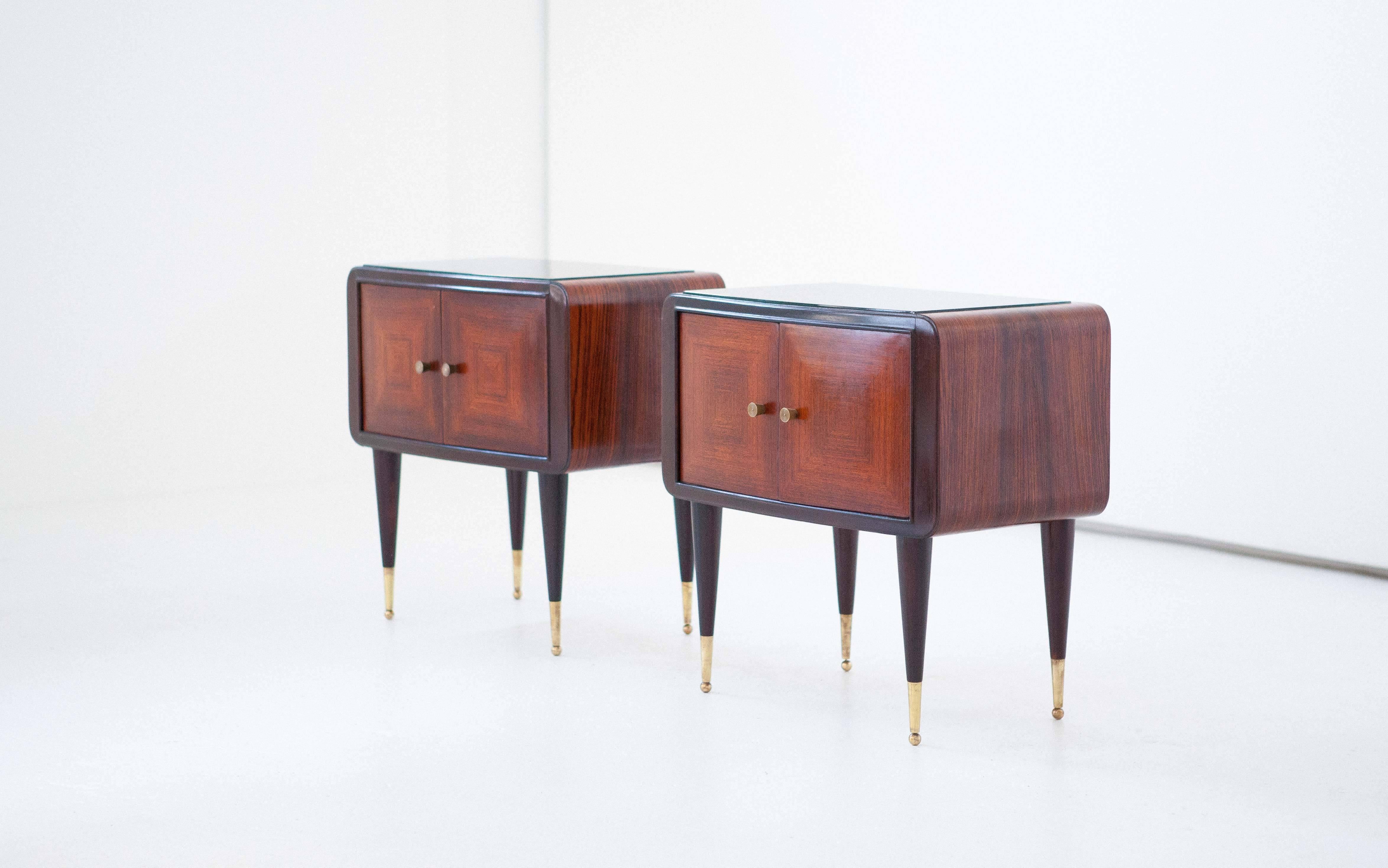 Mid-20th Century Italian Side Tables Nightstands 1950s Set of Two Wood and Black Glass