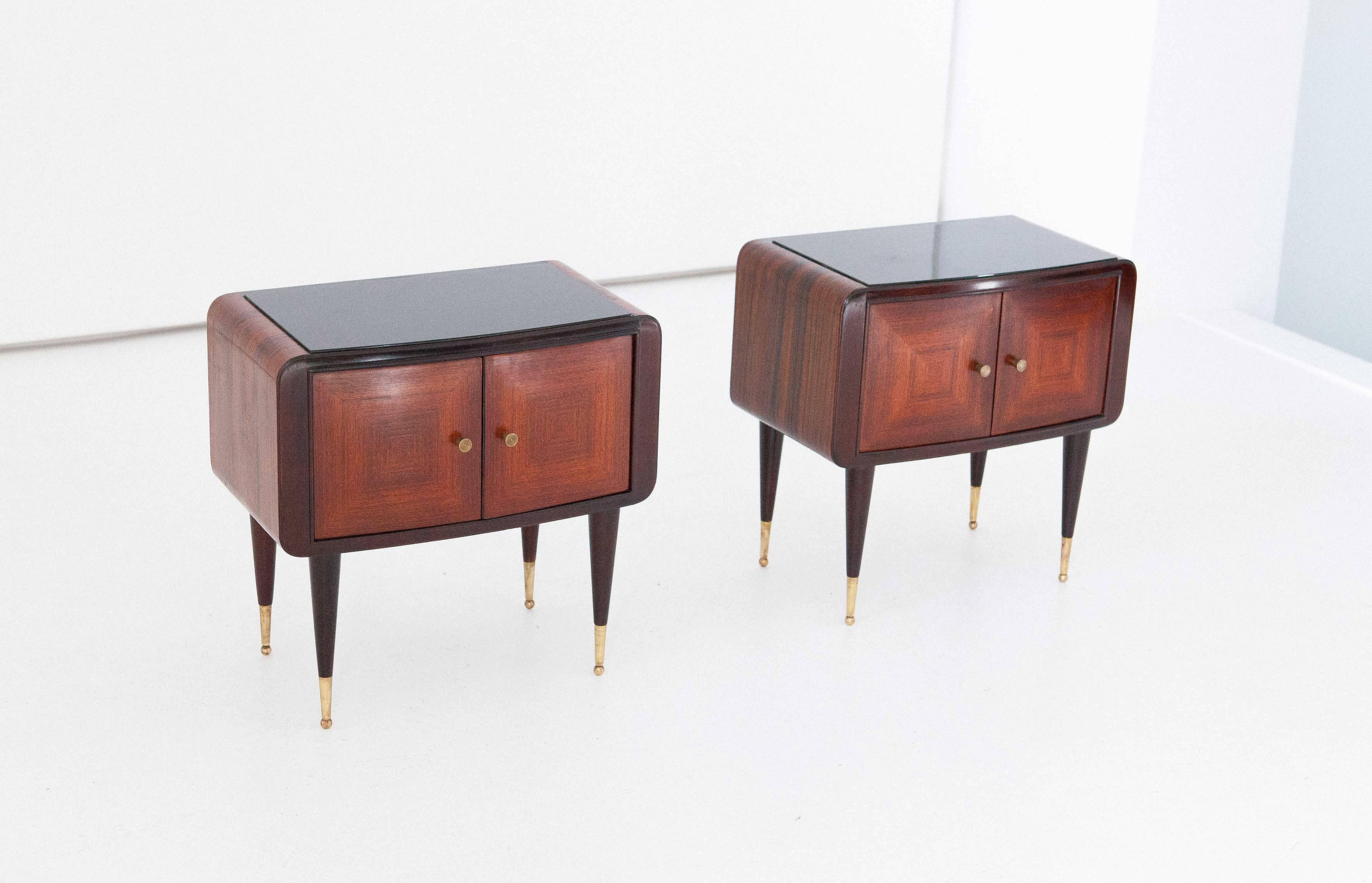Mid-Century Modern Italian Side Tables Nightstands 1950s Set of Two Wood and Black Glass