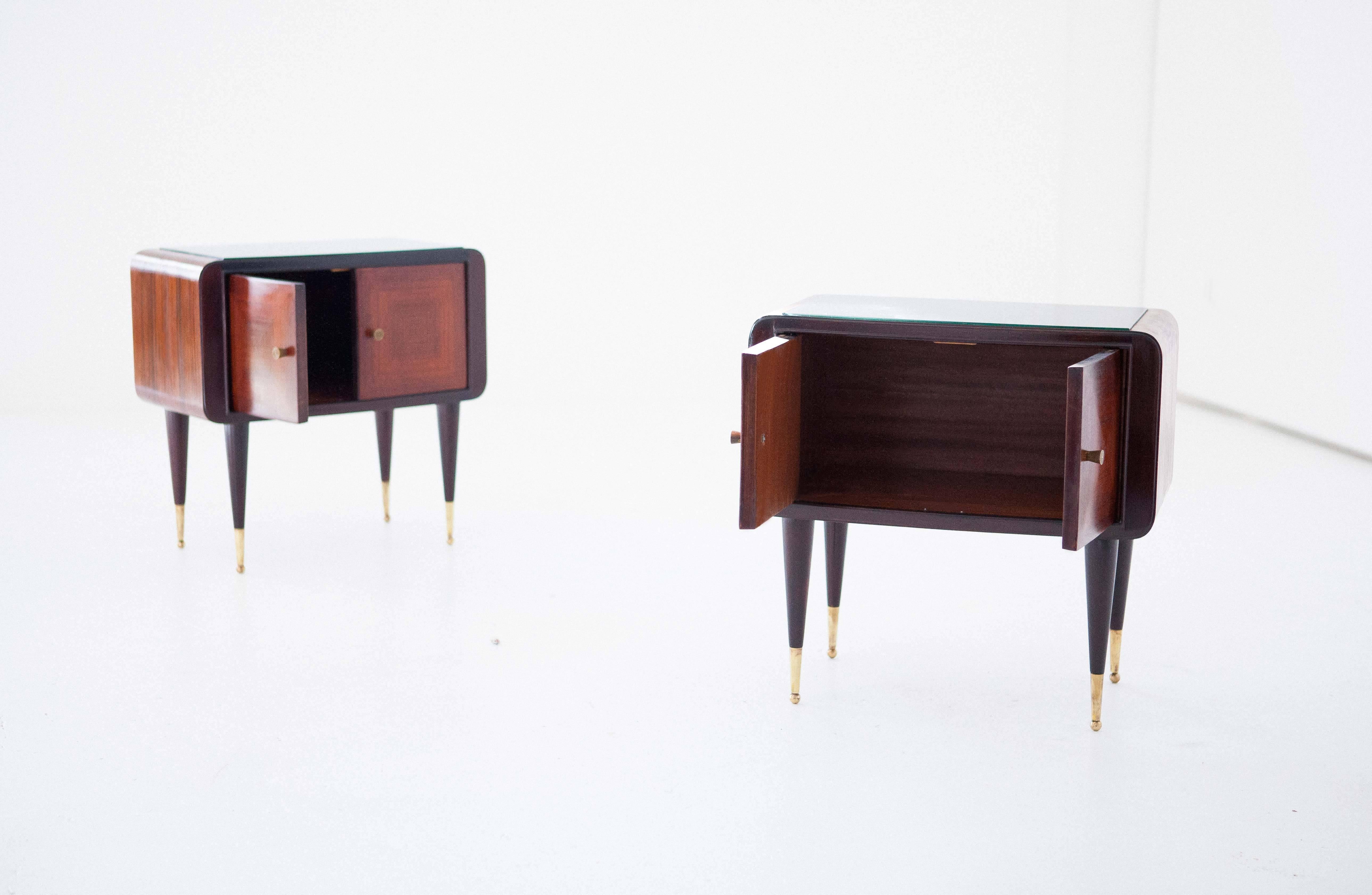 Italian Side Tables Nightstands 1950s Set of Two Wood and Black Glass 1