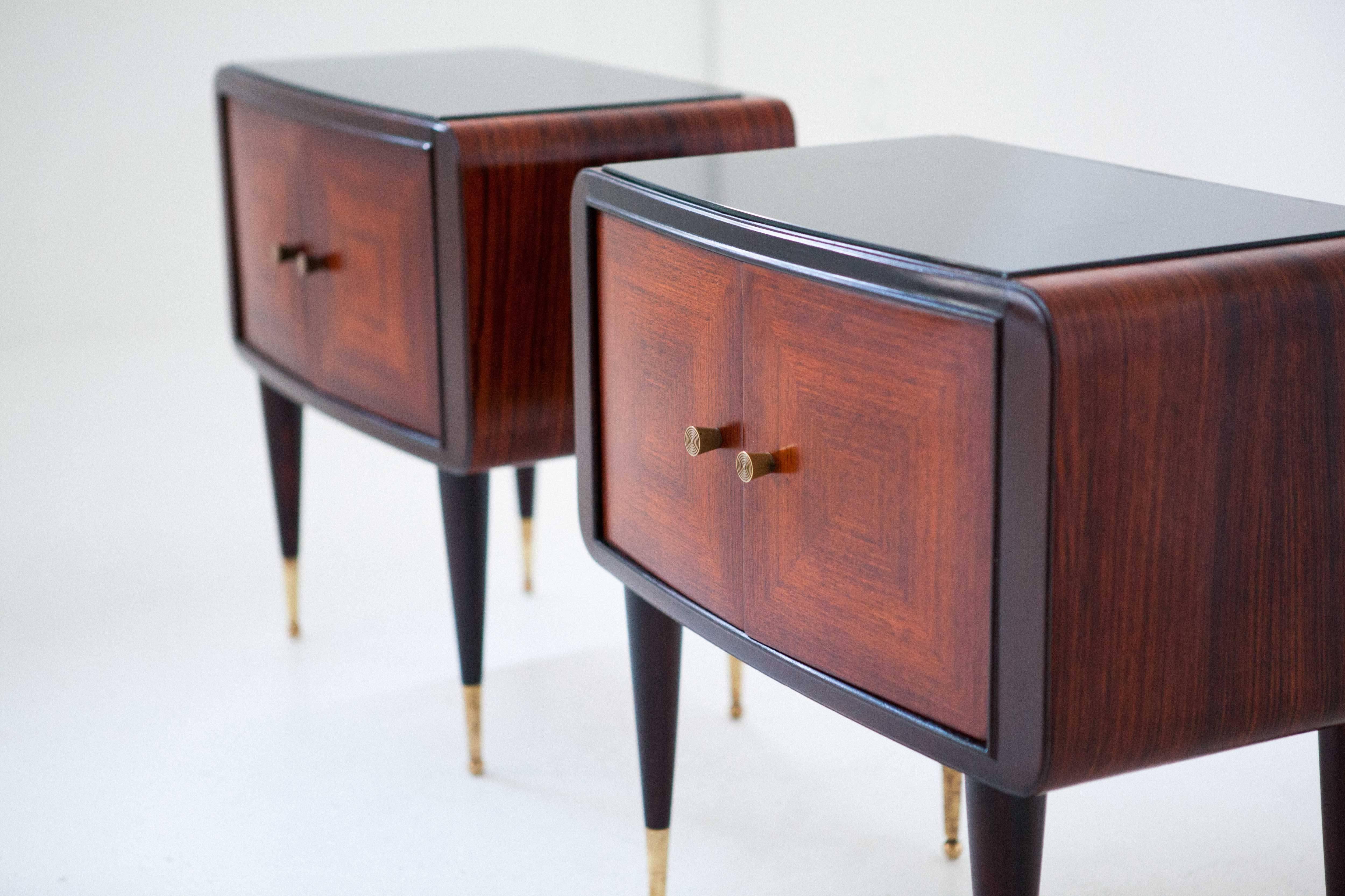 - Bedside tables designed in 1950s
- Italian design 
- Brass small parts and black retro-lacquered glass
- Completely restored.