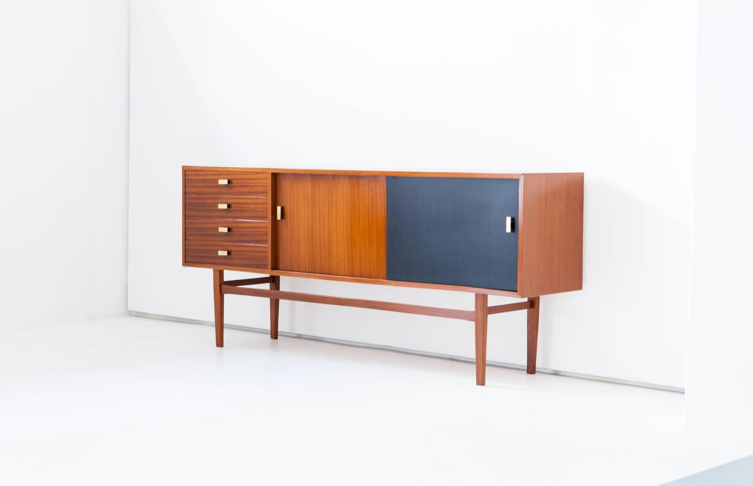 Italian Mid-Century Modern Mahogany and Brass Credenza, 1950s Sideboard Drawers 1