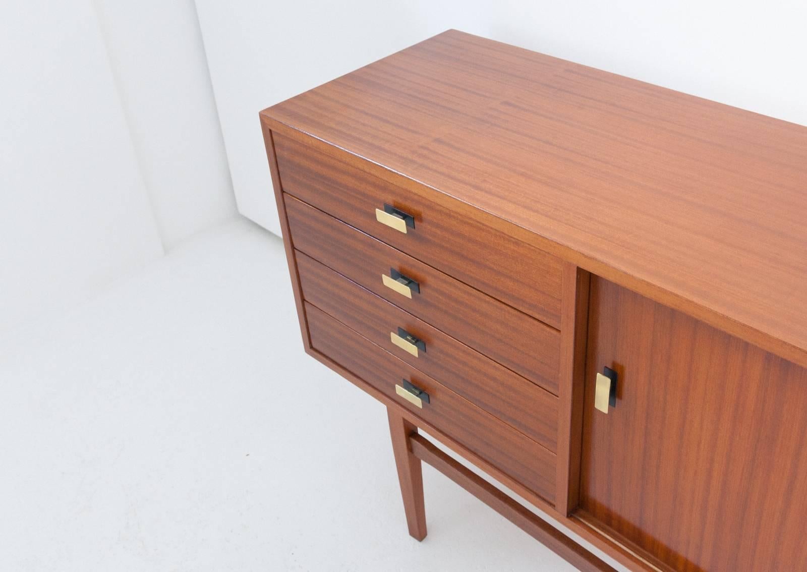 Mid-20th Century Italian Mid-Century Modern Mahogany and Brass Credenza, 1950s Sideboard Drawers