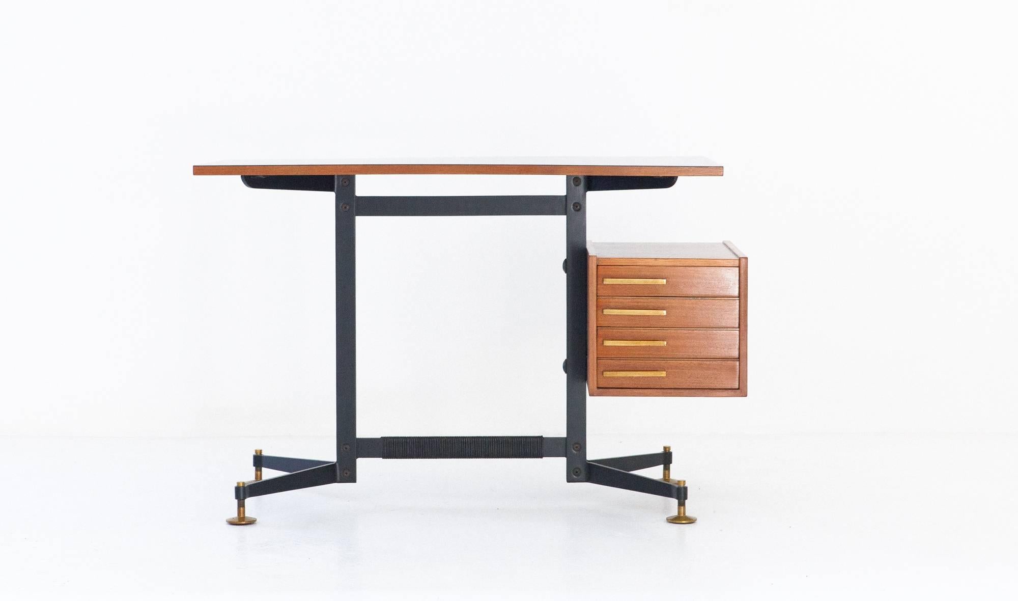 Italian Mid-Century Modern Desk Table Chest of Drawers Iron Teak Formica, 1950s 4