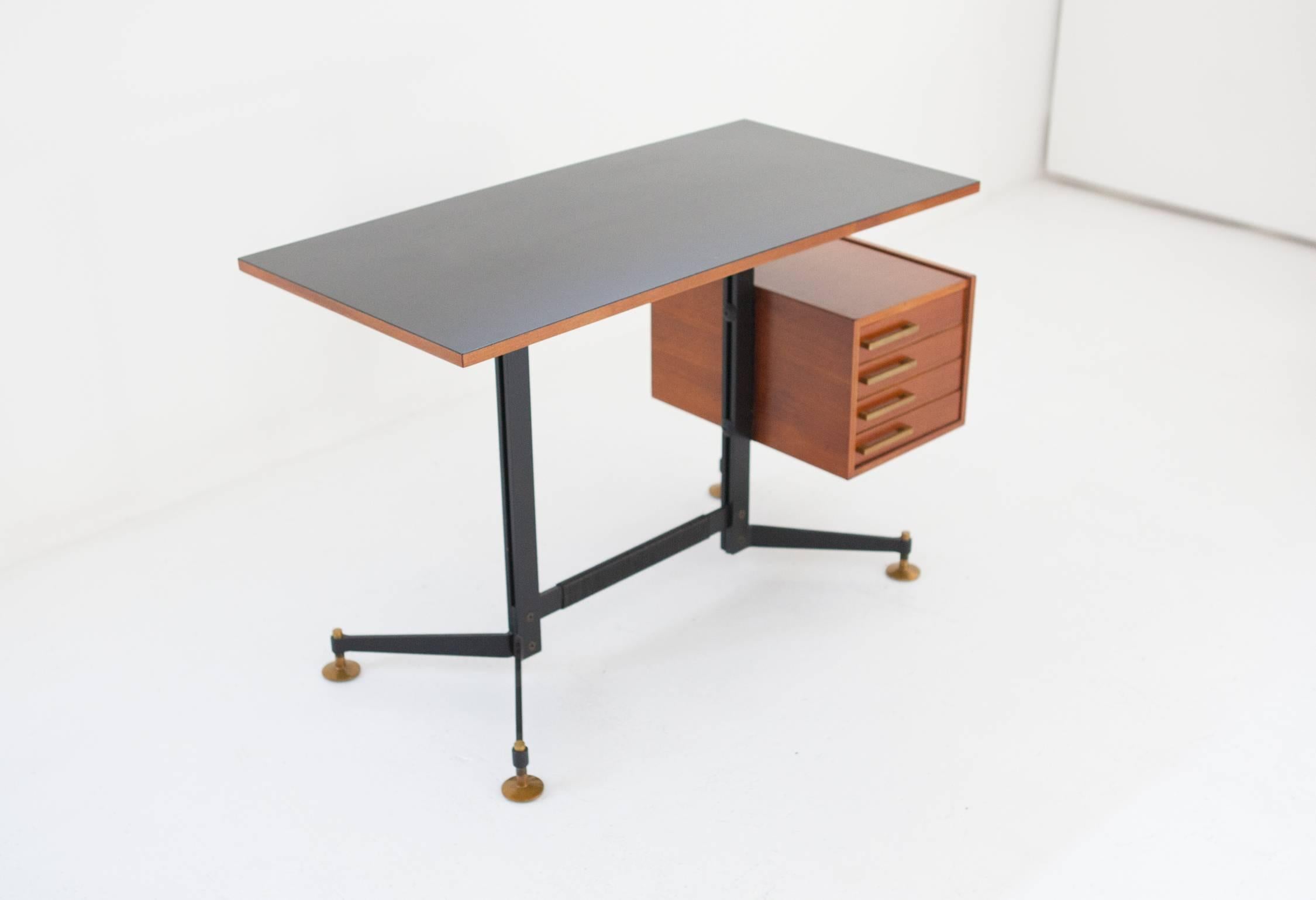 Italian Mid-Century Modern Desk Table Chest of Drawers Iron Teak Formica, 1950s 6