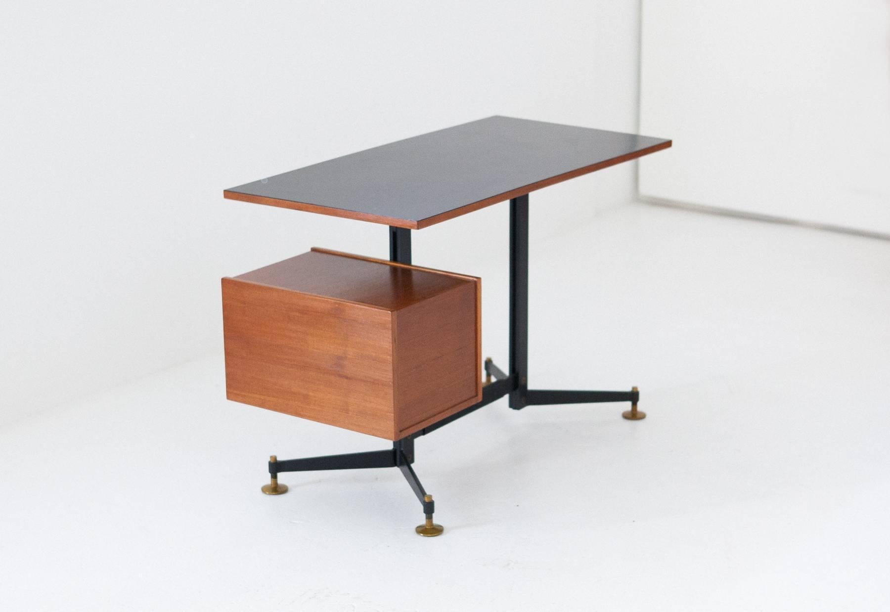 Mid-20th Century Italian Mid-Century Modern Desk Table Chest of Drawers Iron Teak Formica, 1950s