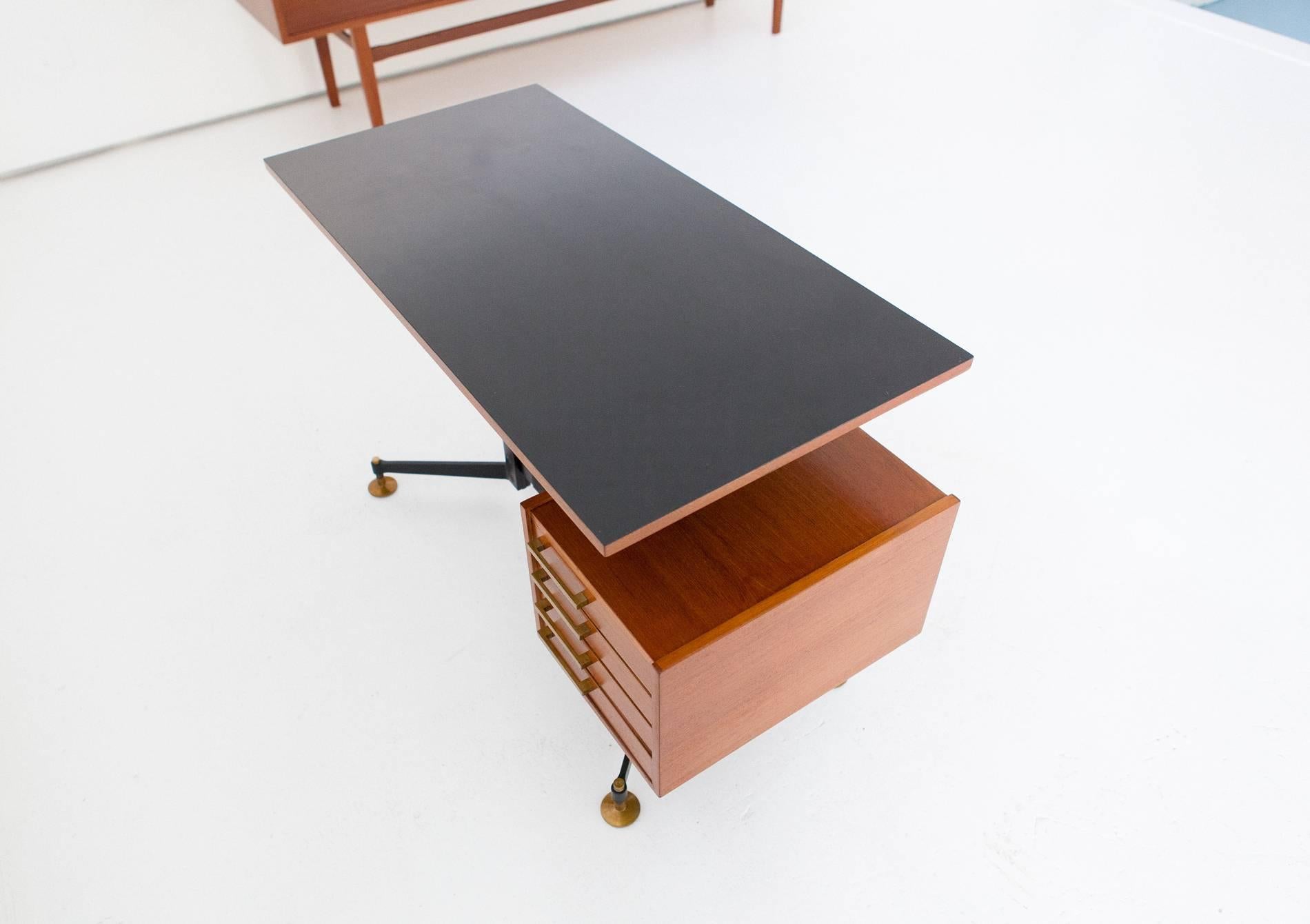 Italian Mid-Century Modern Desk Table Chest of Drawers Iron Teak Formica, 1950s 2