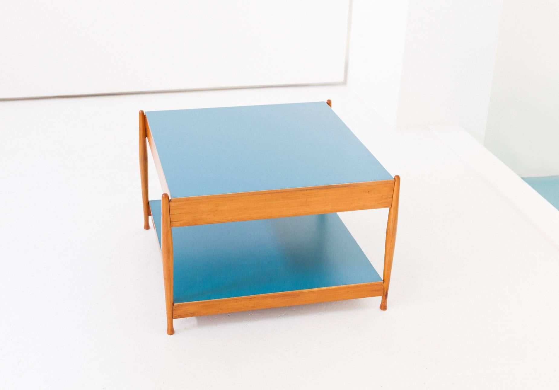 Brass Italian Modern Beech Wood Coffee Table Blue Tops by Fratelli Reguitti , 1950s