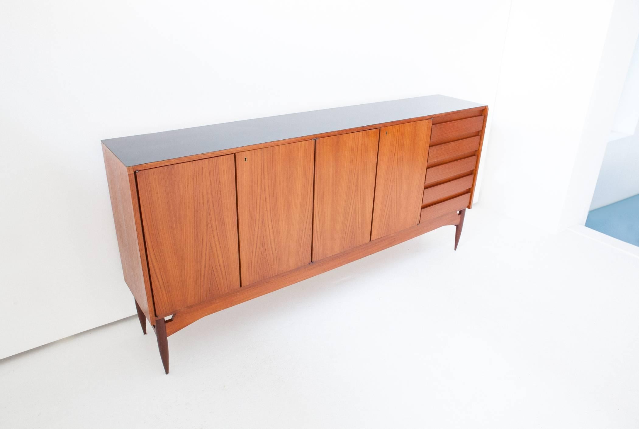 Italian Teak Sideboard with Black Top, 1950s In Good Condition In Rome, IT