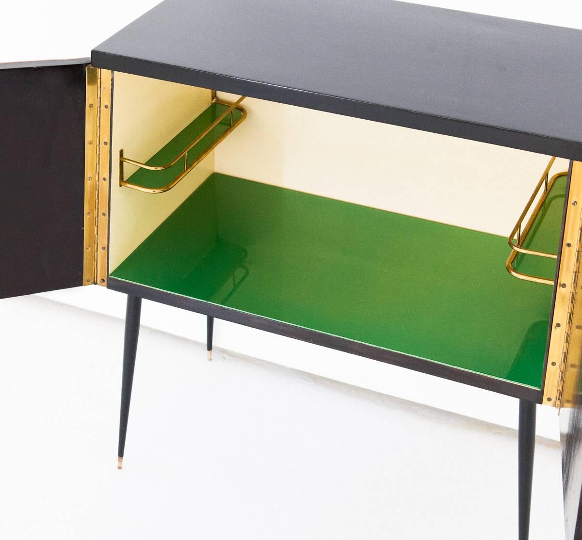 Italian Mid-Century Modern Black Lacquered Wood Brass and Iron Cabinet, 1950s 4