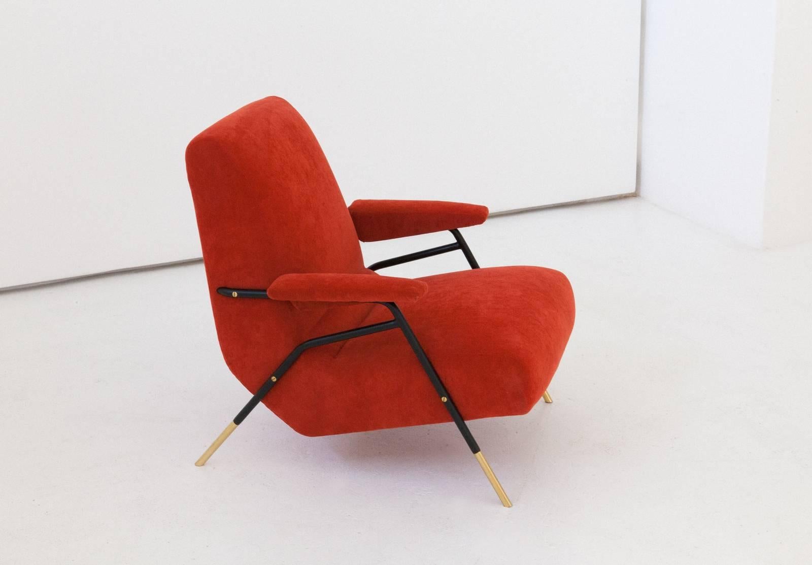 Mid-20th Century Italian Modern Orange Velvet Lounge Armchairs  , 1950s