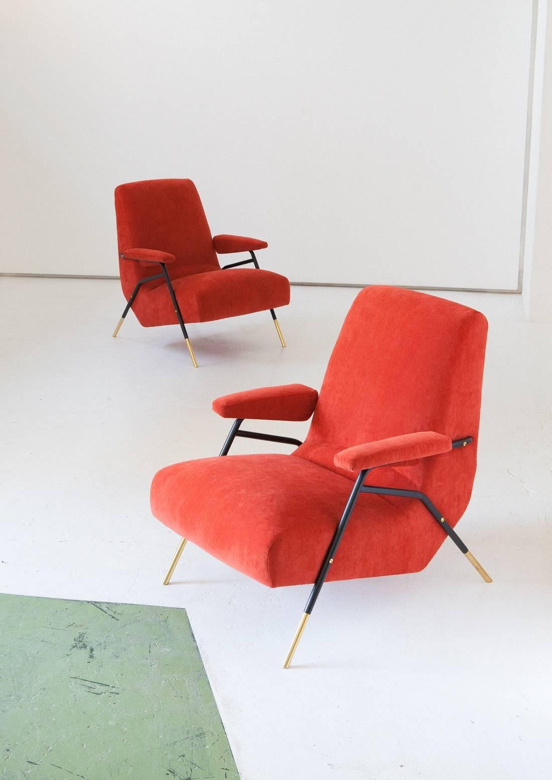 Italian Modern Orange Velvet Lounge Armchairs  , 1950s In Excellent Condition In Rome, IT