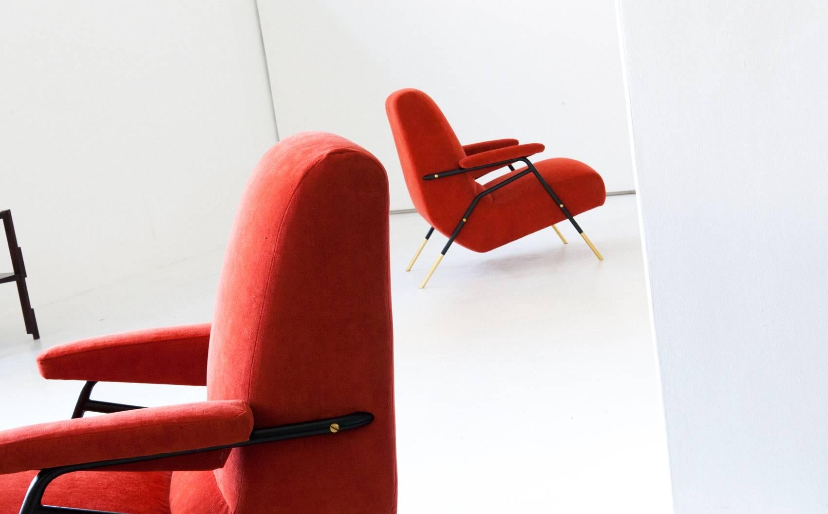 Mid-Century Modern Italian Modern Orange Velvet Lounge Armchairs  , 1950s