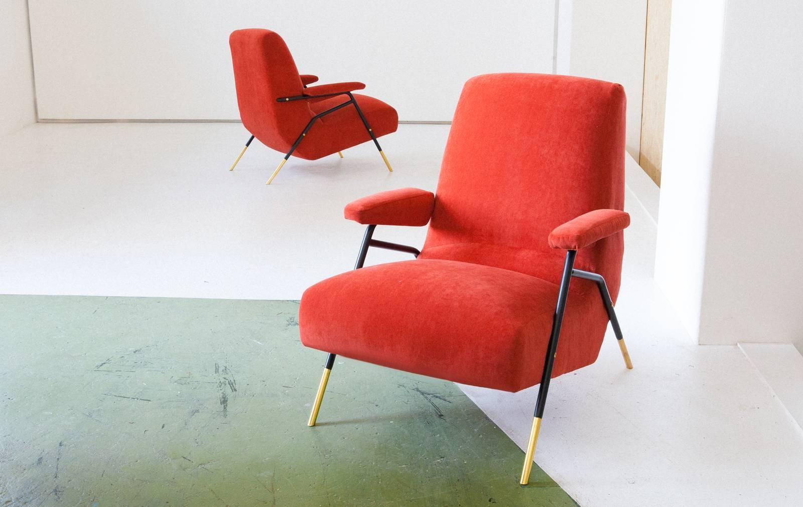 Brass Italian Modern Orange Velvet Lounge Armchairs  , 1950s