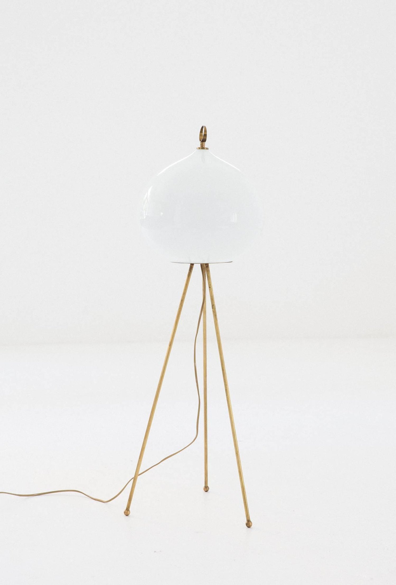 Italian Mid Century Modern Brass And Opaline Glass Floor Tripode Lamp, Italian Mid Century Modern Brass And Opaline Glass Floor Tripode Lamp,