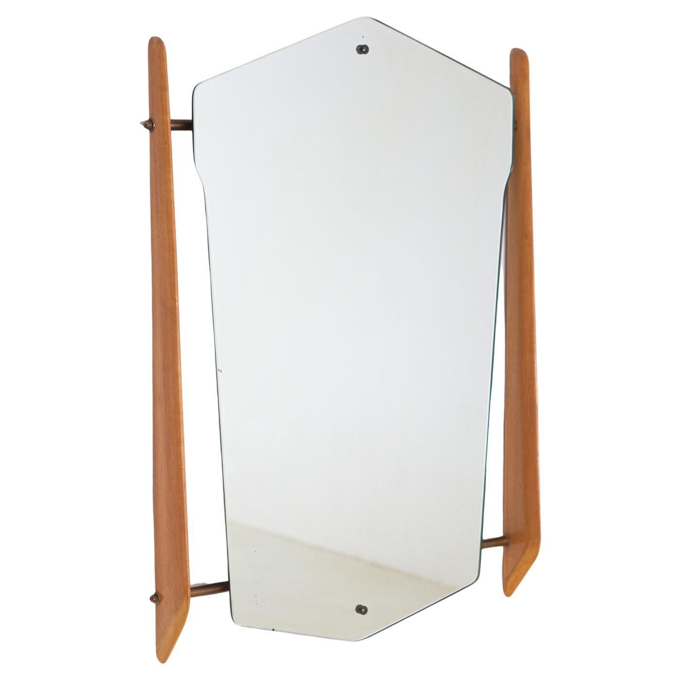1950s Italian Wall Mirror with Maple Wood and Brass Frame