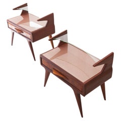Fully Restored Pair of Italian Bedside Tables with Glass Top, 1950s