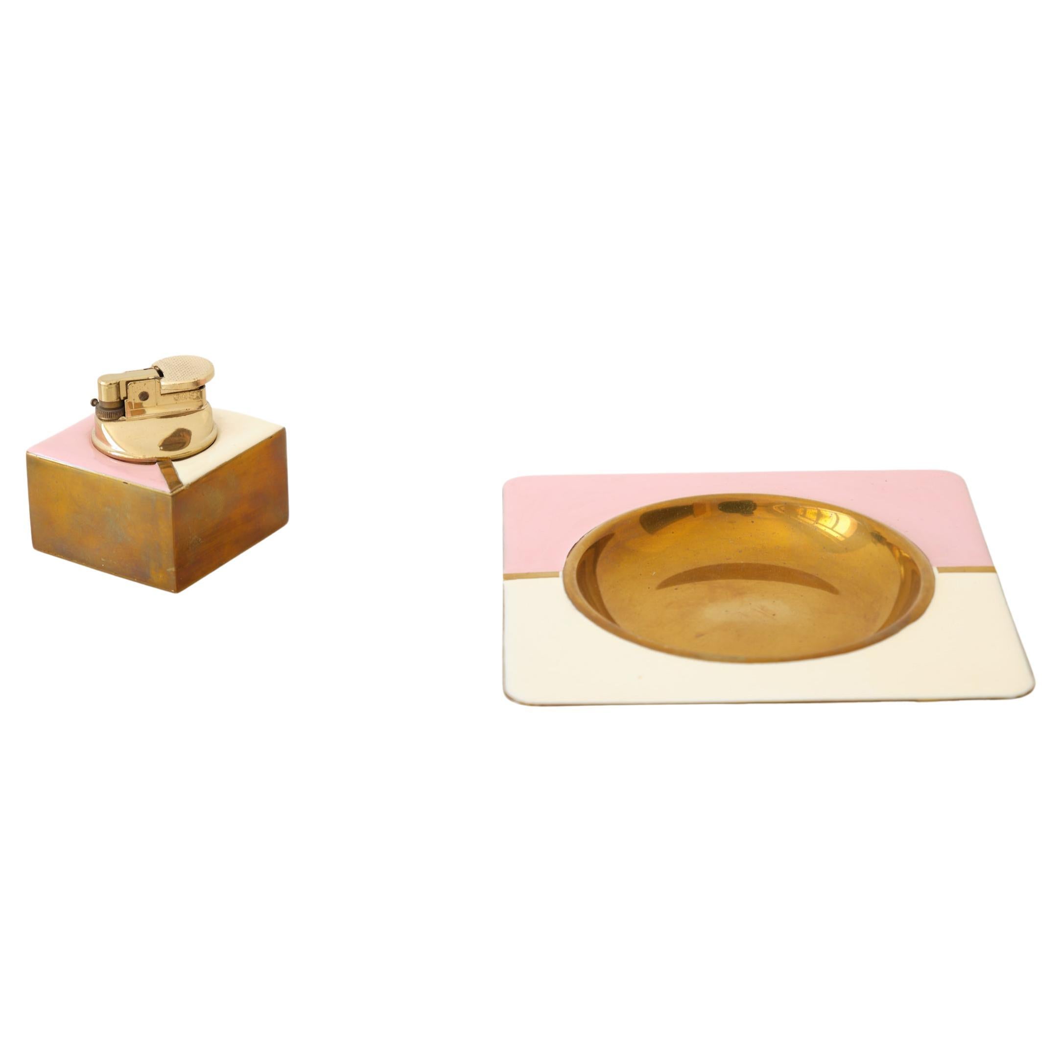 Vintage Italian Set of Ashtray and Lighter in Bras, Mid-Century from the 1960s For Sale