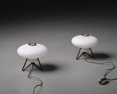 "Retro Futurism : Paire de lampes de table OVNI en opaline Stilnovo des années 1950