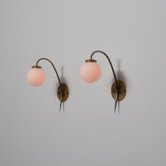 Italian Mid-Century Arched Brass Wall Lamps with Opaline Spheres, 1950s