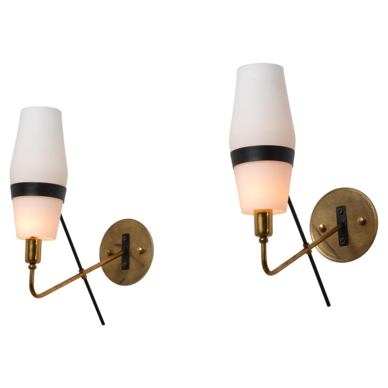 1950s Italian Stilnovo Brass and Opaline Glass Wall Sconces