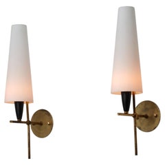 Large Pair of 1950s Italian Brass and Opaline Glass Wall Lights