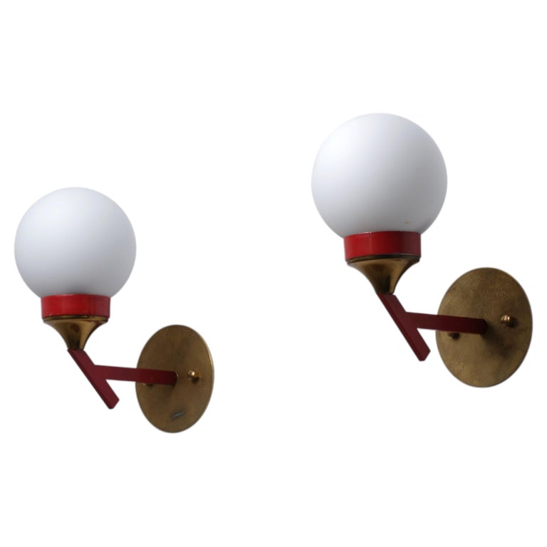 Pair of 1950s Italian Brass, Red Metal and Opaline Glass Globe Wall Sconces