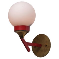 1950s Italian Brass, Red Lacquered Metal and Opaline Glass Globe Wall Sconce
