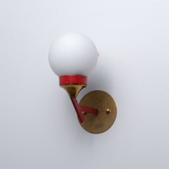 1950s Italian Brass, Red Lacquered Metal and Opaline Glass Globe Wall Sconce