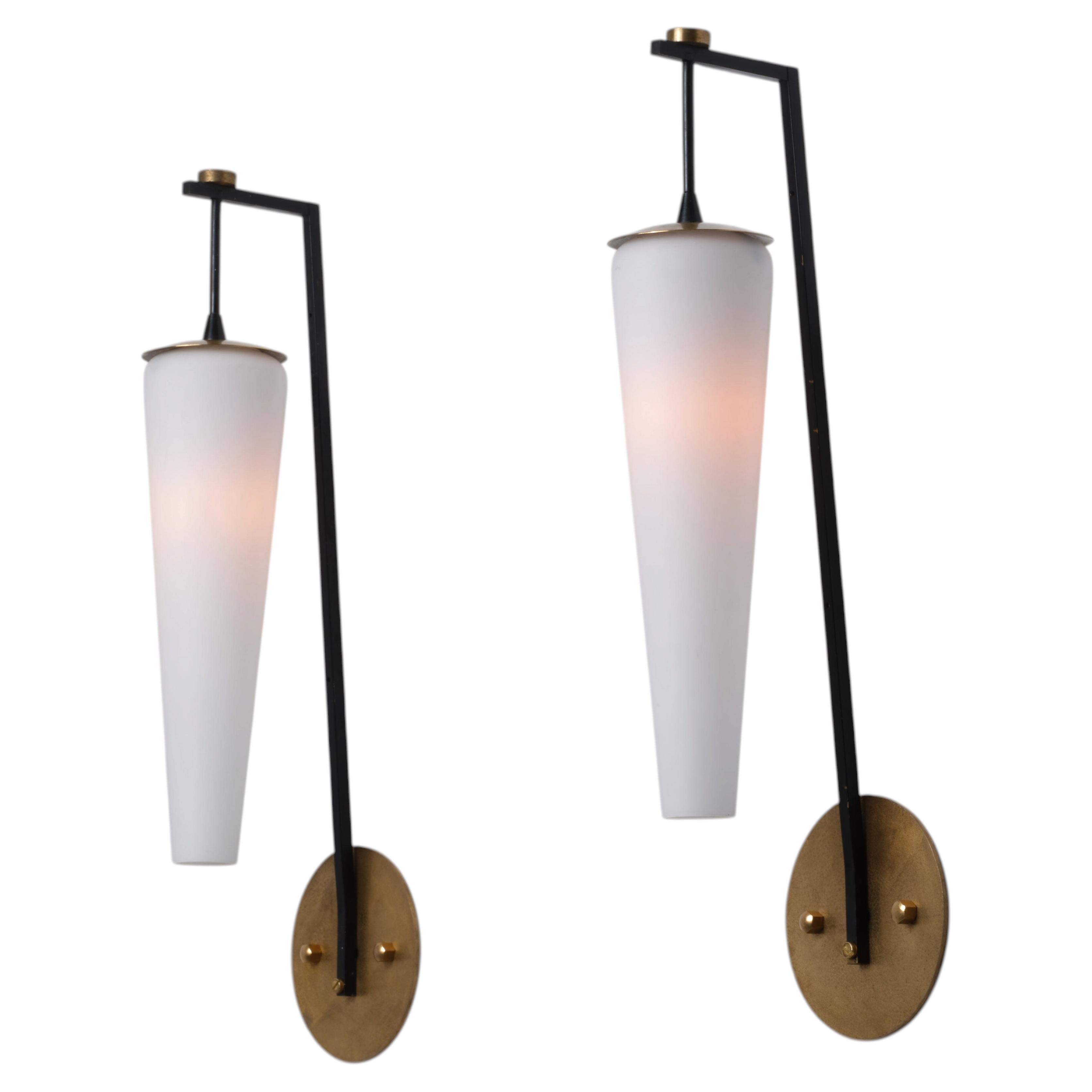Large Pair of 1950s Italian Brass, Black Metal and Opaline Glass Sconces